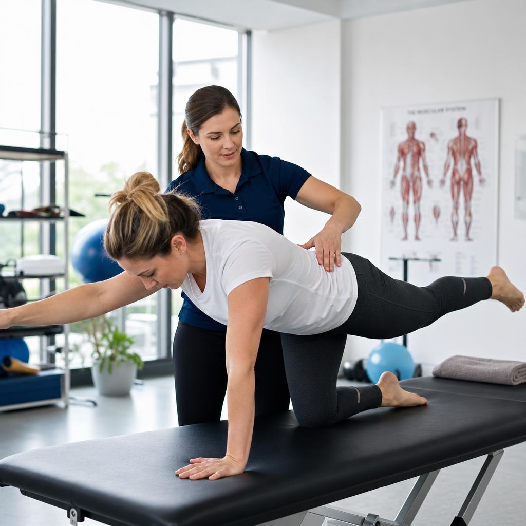 Physical therapist guiding a patient through spinal stabilization exercise