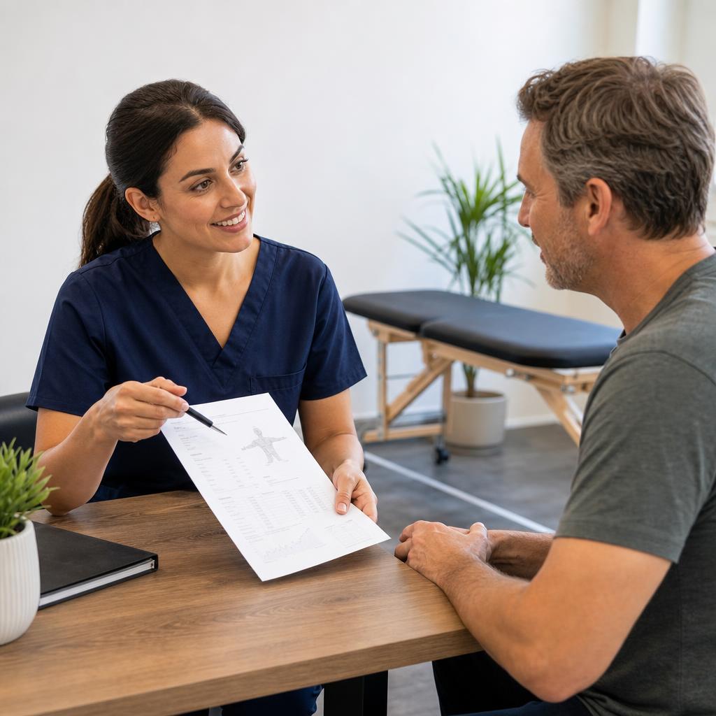Physical therapist consulting with a patient about a personalized care plan