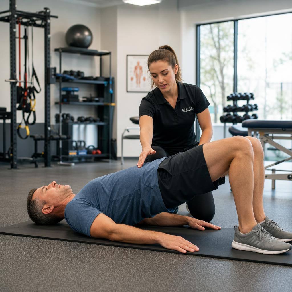 Physical therapist guiding a patient through hip strengthening exercise