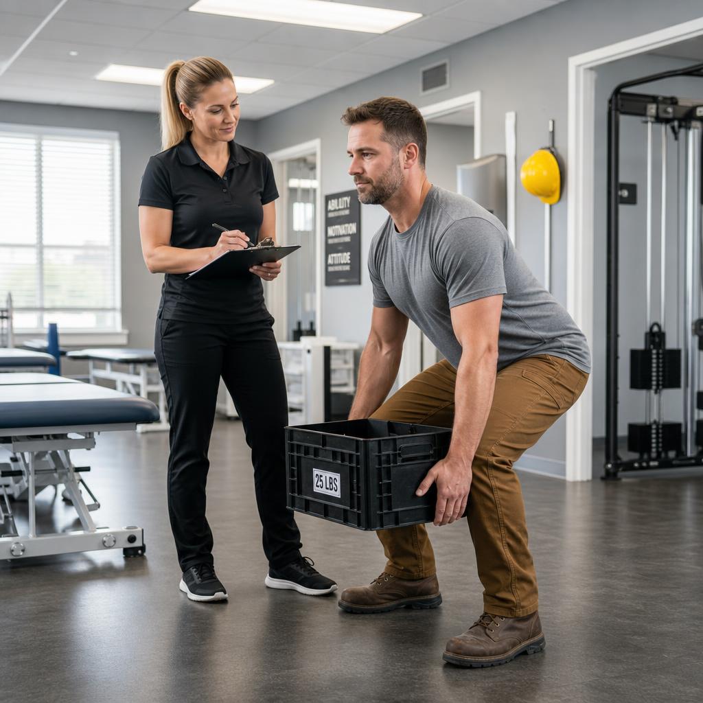 Physical therapist evaluating a patient recovering from a workplace injury