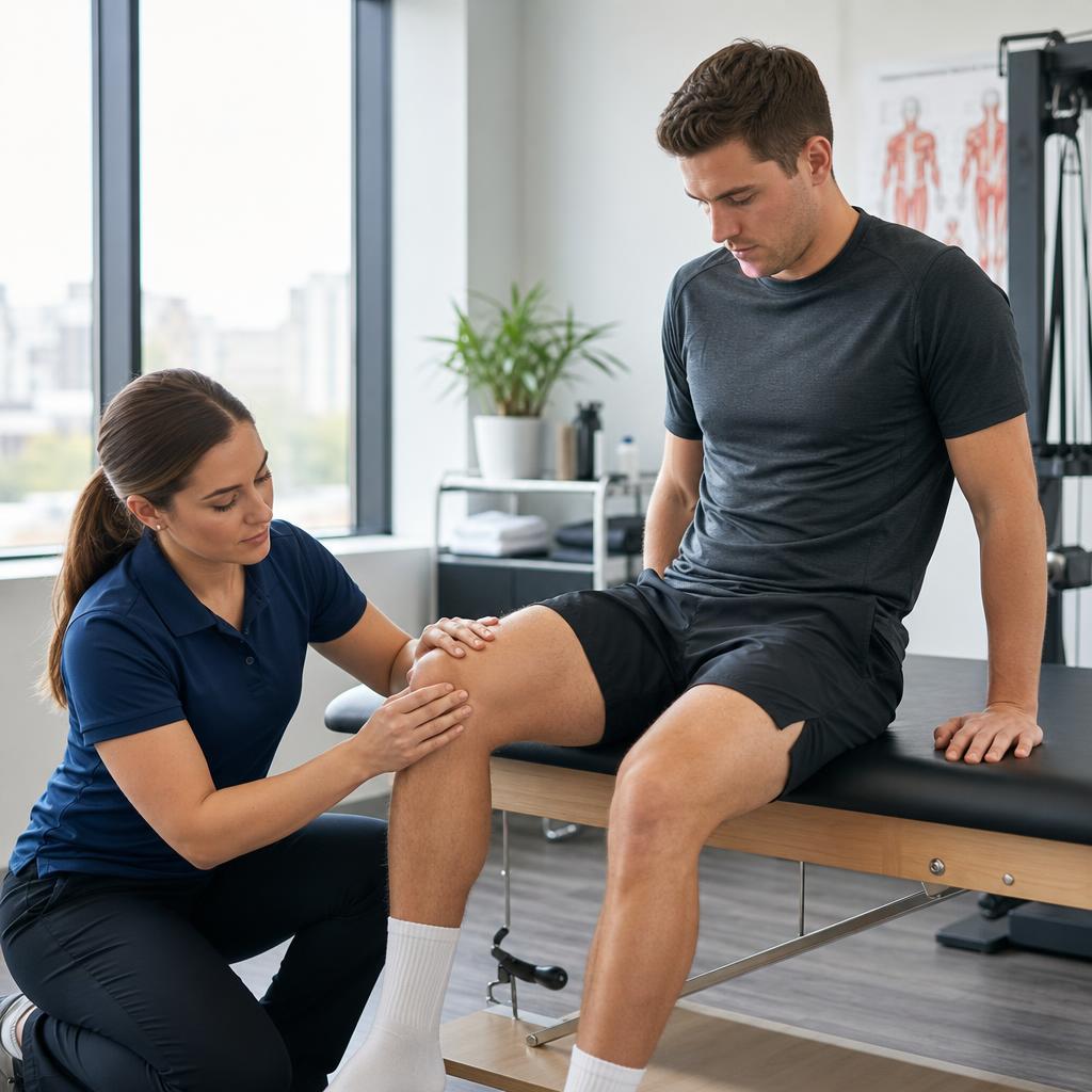 Physical therapist examining a patient's knee on a treatment table