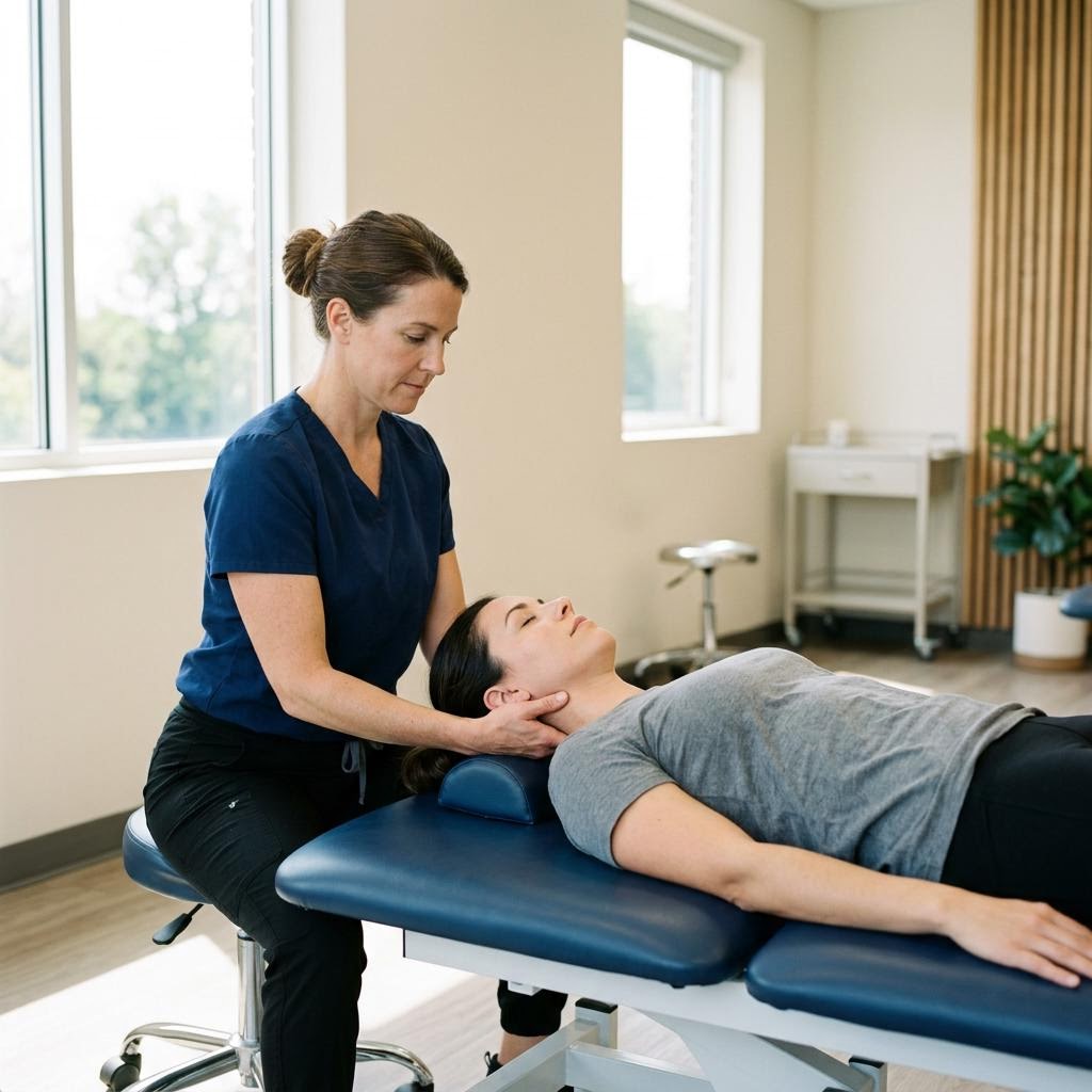 Physical therapist performing manual therapy on a patient's neck