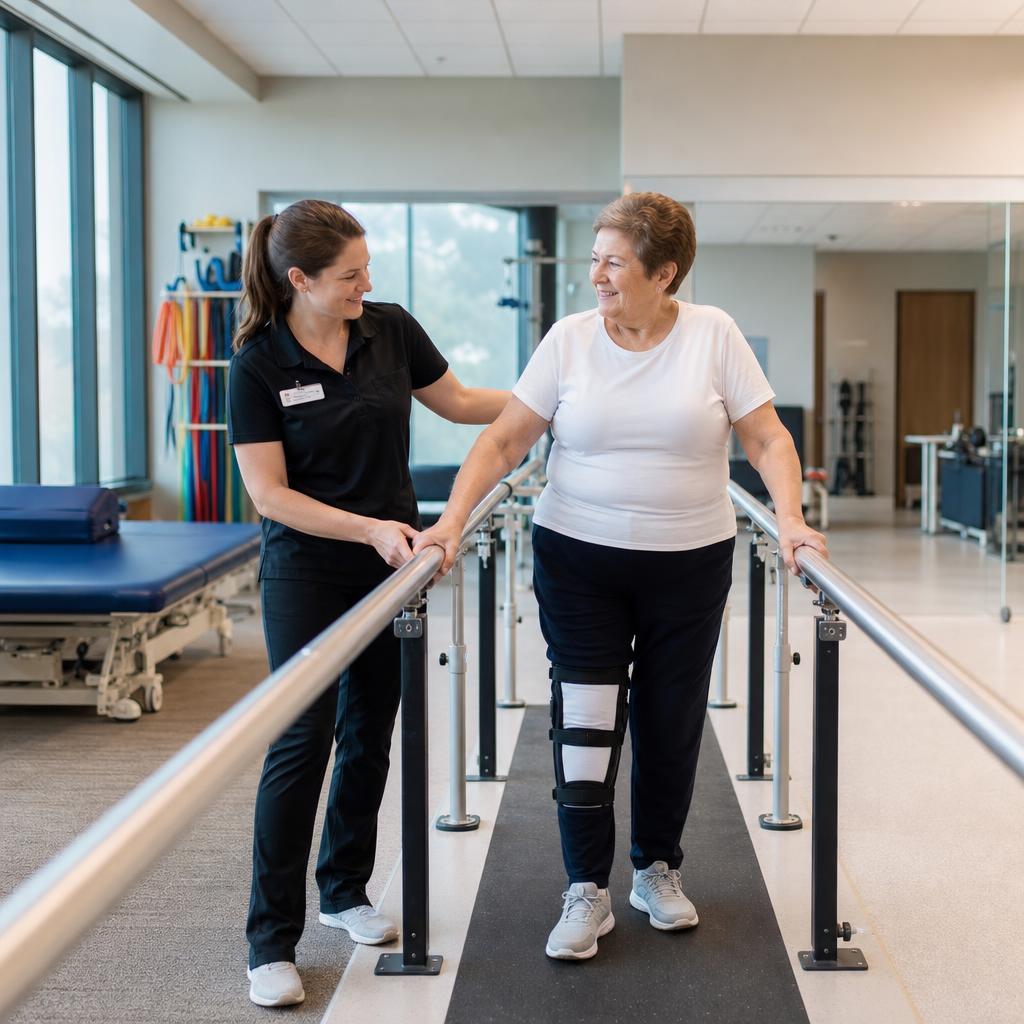 Physical therapist assisting a patient during post-surgical rehabilitation