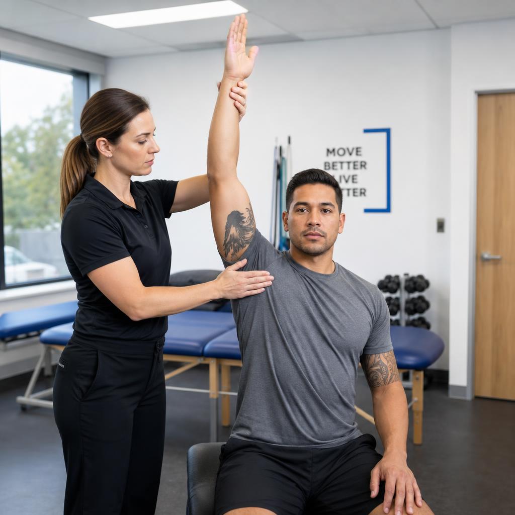 Physical therapist assessing a patient's shoulder range of motion