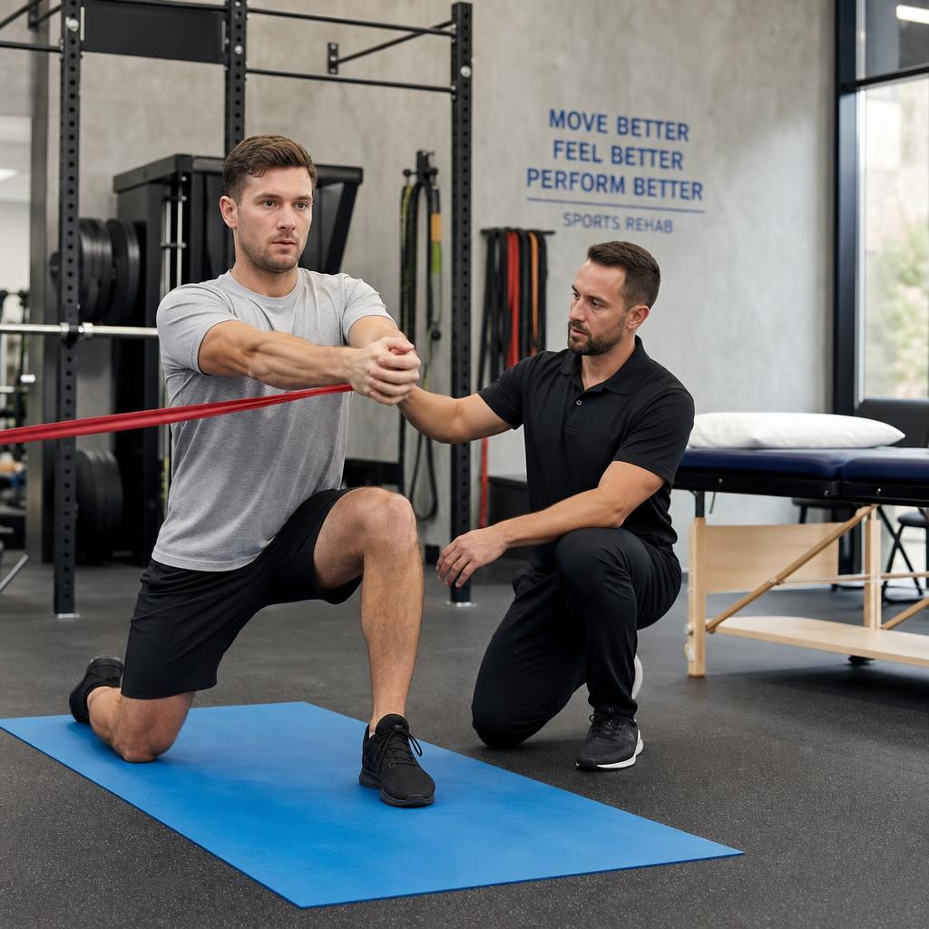 Athlete performing resistance band exercise supervised by a physical therapist