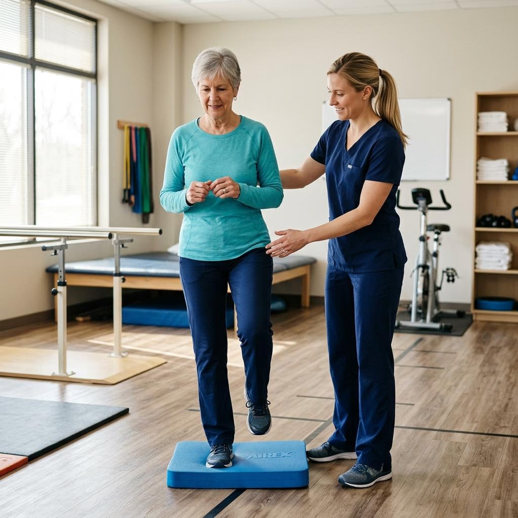 Physical therapist guiding an older adult through balance training on a foam pad