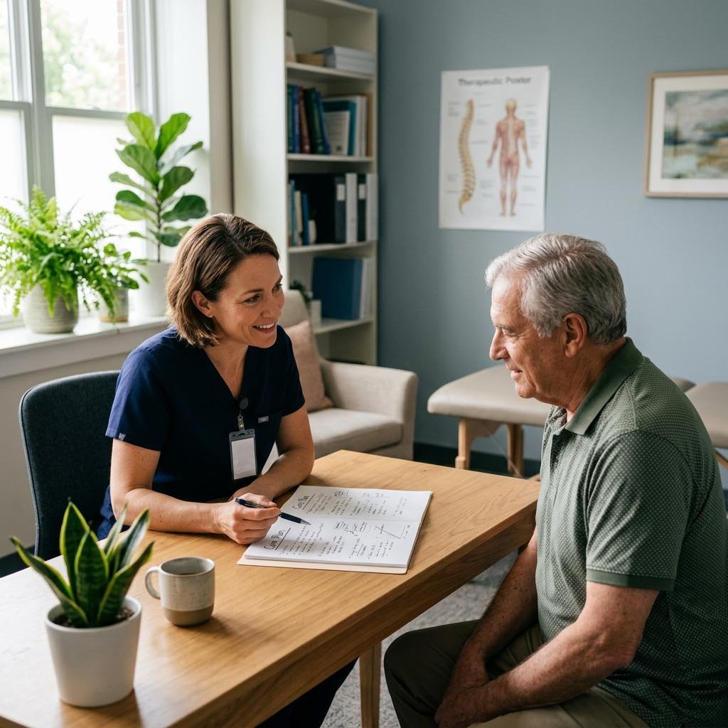 Physical therapist in supportive consultation with a patient reviewing a personalized pain management plan