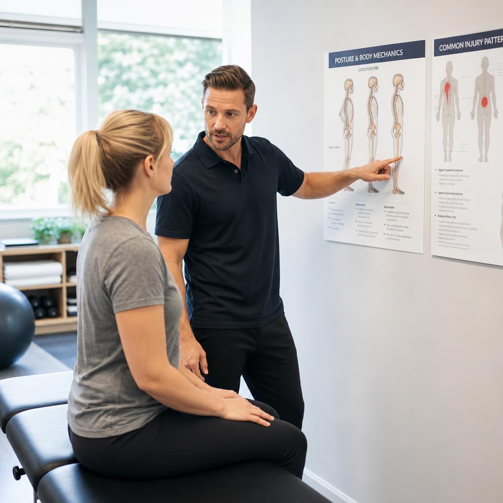 Physical therapist educating a patient on proper movement and injury prevention techniques