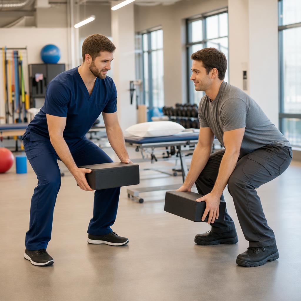 Physical therapist evaluating a patient recovering from a workplace injury