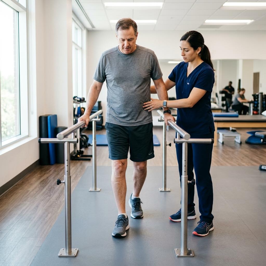 Physical therapist guiding a patient through post-surgical gait rehabilitation