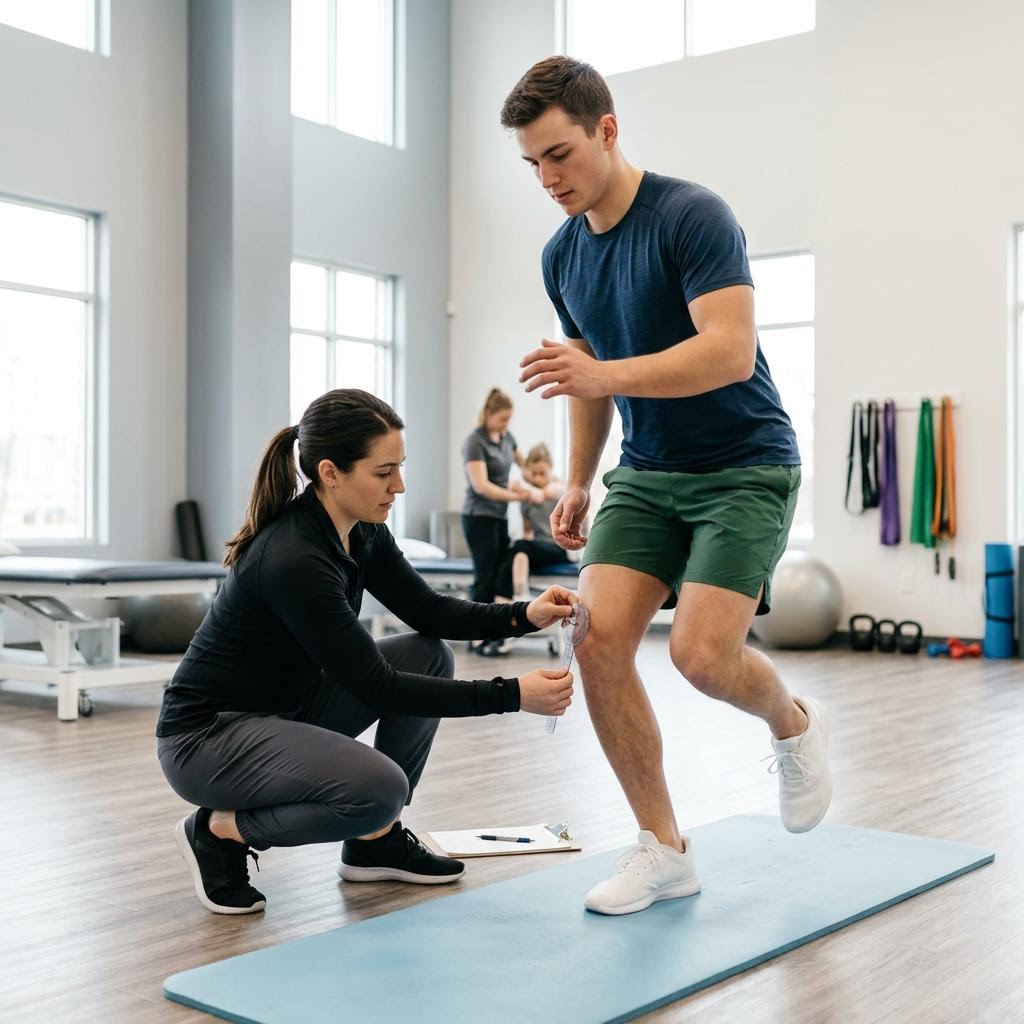 Physical therapist performing athletic movement assessment on an athlete