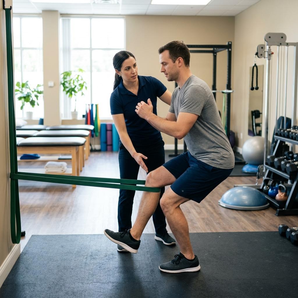 Physical therapist coaching a patient through supervised therapeutic exercise
